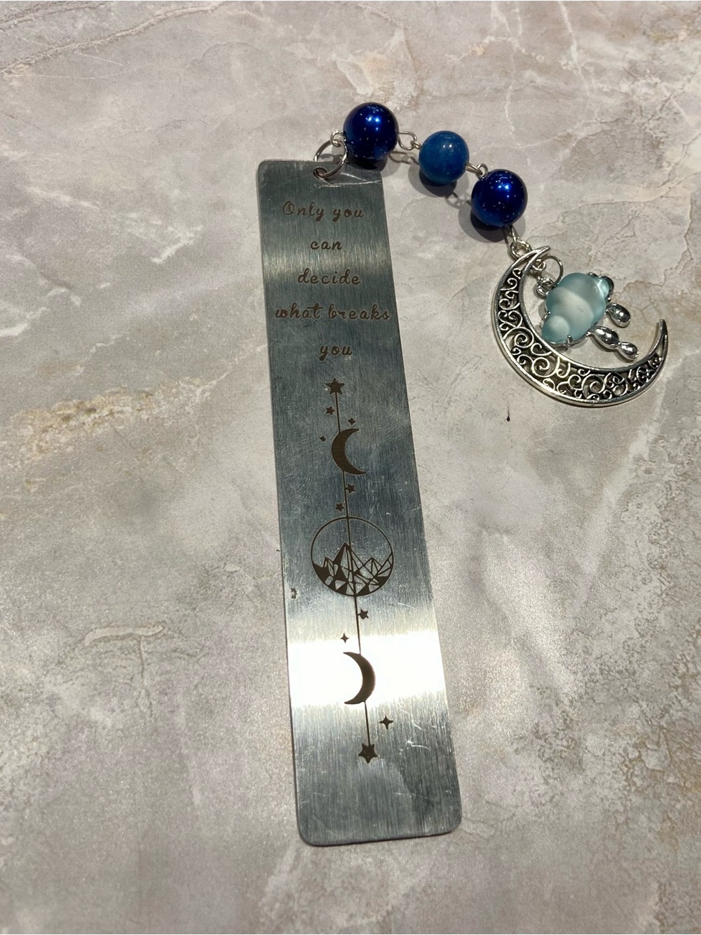 Hand Crafted Silver Moon & Bead Bookmark with Blue Charms